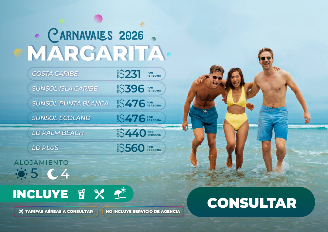 Promoción de paquetes turísticos para Carnaval en la Isla de Margarita con Molina Viajes, incluyendo hoteles.