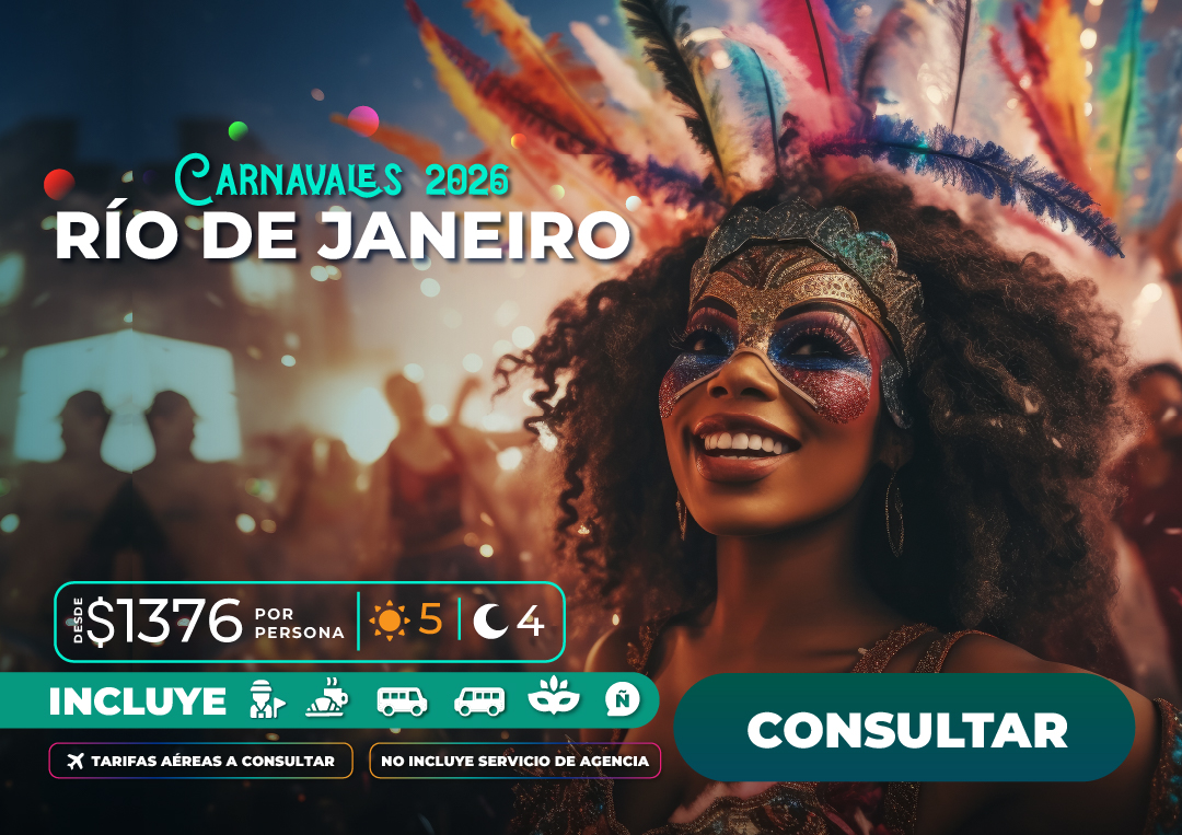 Oferta de paquetes turísticos para el Carnaval de Río de Janeiro 2026 con Molina Viajes, incluyendo alojamiento cerca del Sambódromo.
