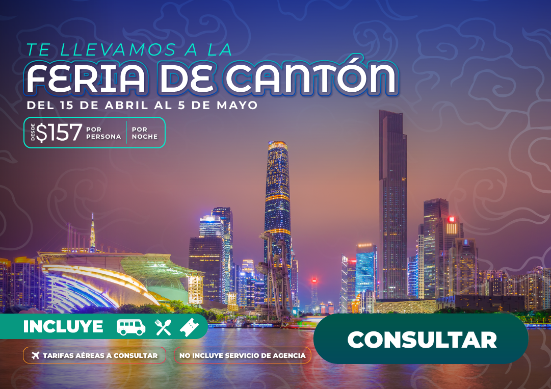 Vista aérea del complejo de exhibiciones en Guangzhou durante la Feria de Cantón 2026, con paquetes de viaje de negocios organizados por Molina Viajes.