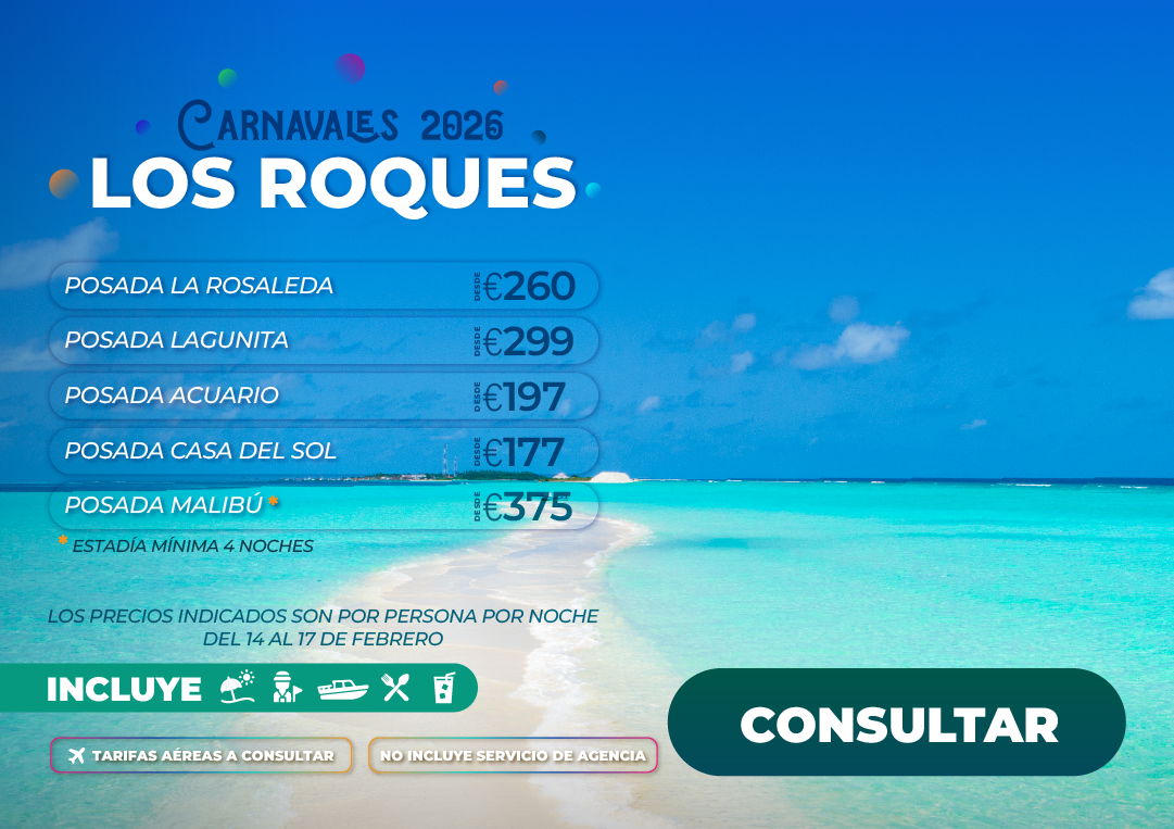 Vista panorámica de Cayo de Agua en Los Roques, Venezuela, destacando sus aguas cristalinas para viajes de Carnaval con Molina Viajes.