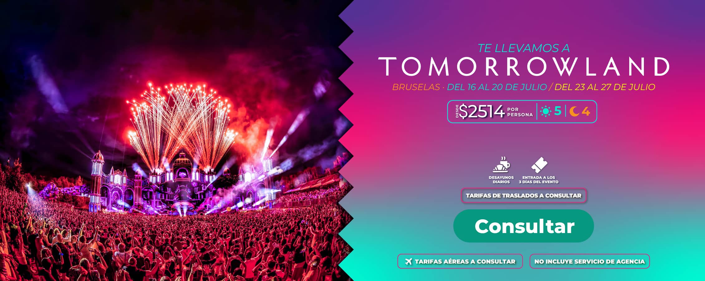 Escenario principal de Tomorrowland en Bélgica con fuegos artificiales; banner promocional de paquetes de viaje todo incluido para la edición 2026 por Molina Viajes.