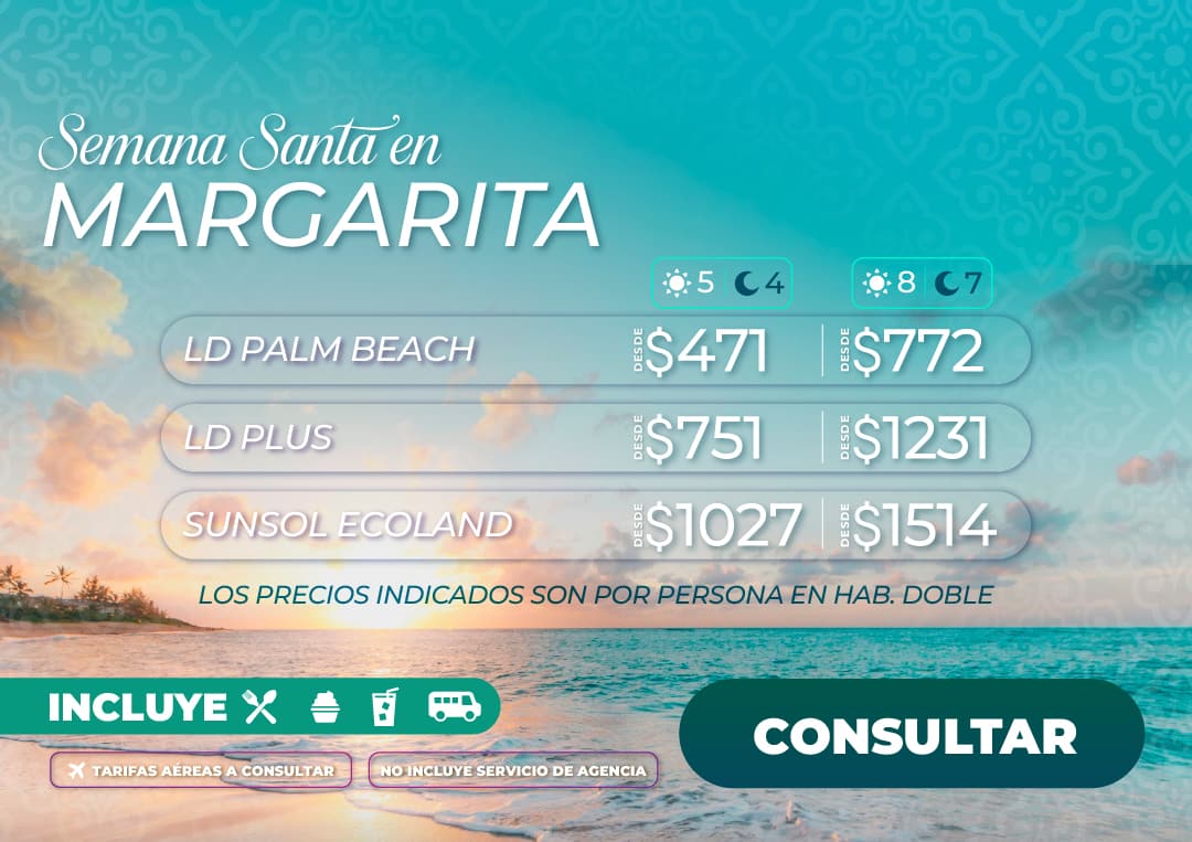 Paisaje costero de Playa el Agua en Margarita para vacaciones de Semana Santa 2026, servicios turísticos exclusivos de Molina Viajes.