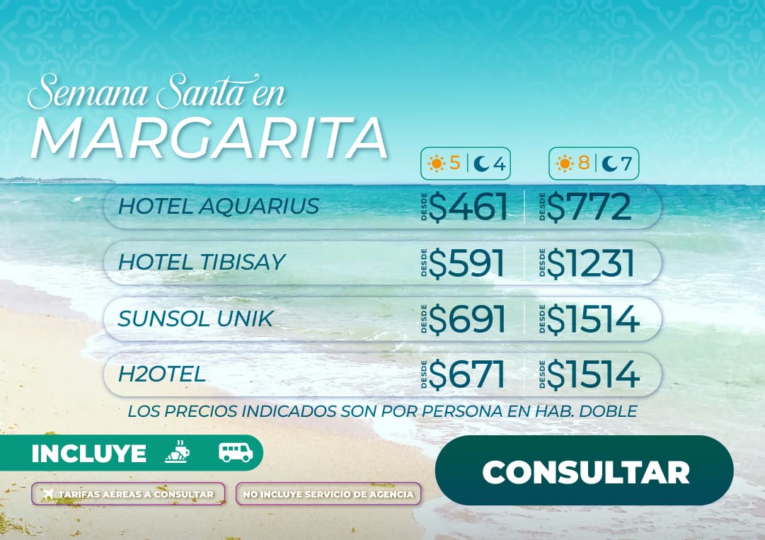 Banner promocional de paquetes turísticos todo incluido a la Isla de Margarita para Semana Santa 2026 con Molina Viajes, mostrando playa paradisíaca y hotel de lujo.