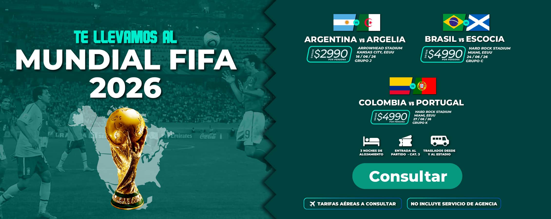 Banner promocional de paquetes de viaje para el Mundial 2026 que incluye entradas, vuelos y alojamiento en las sedes de Estados Unidos