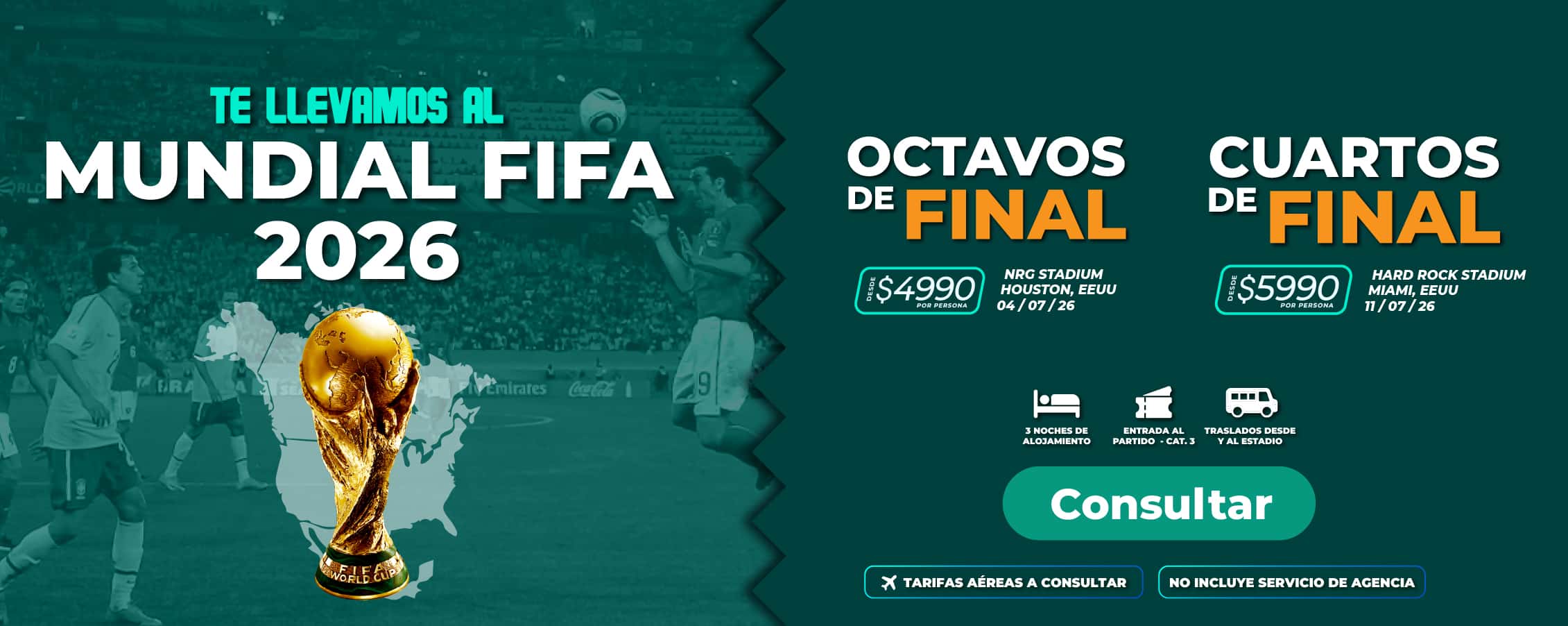 Banner promocional de Molina Viajes para los Octavos yCuartos de Final de la Copa del Mundo 2026, incluyendo logística de transporte entre sedes y entradas garantizadas.