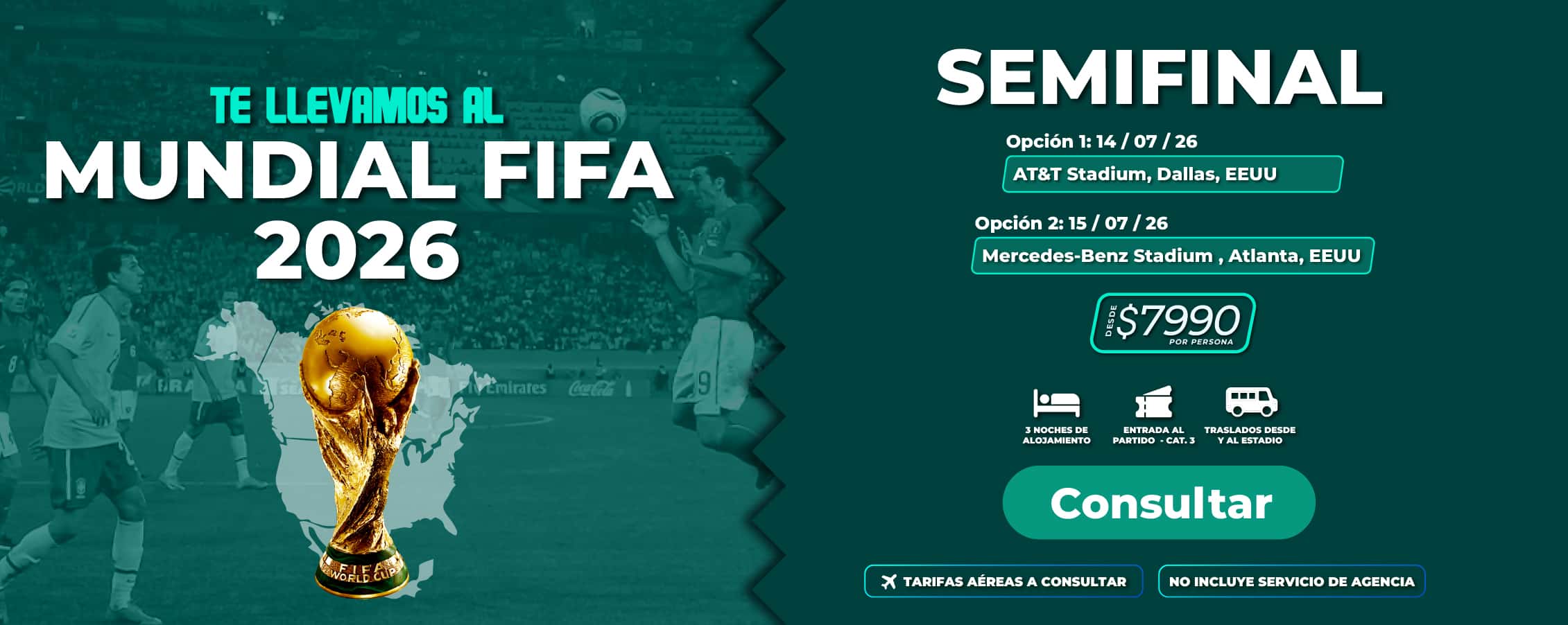 Banner promocional de Molina Viajes ofreciendo paquetes de viaje a la semifinal del Mundial 2026 que incluyen boletos, alojamiento y traslados.