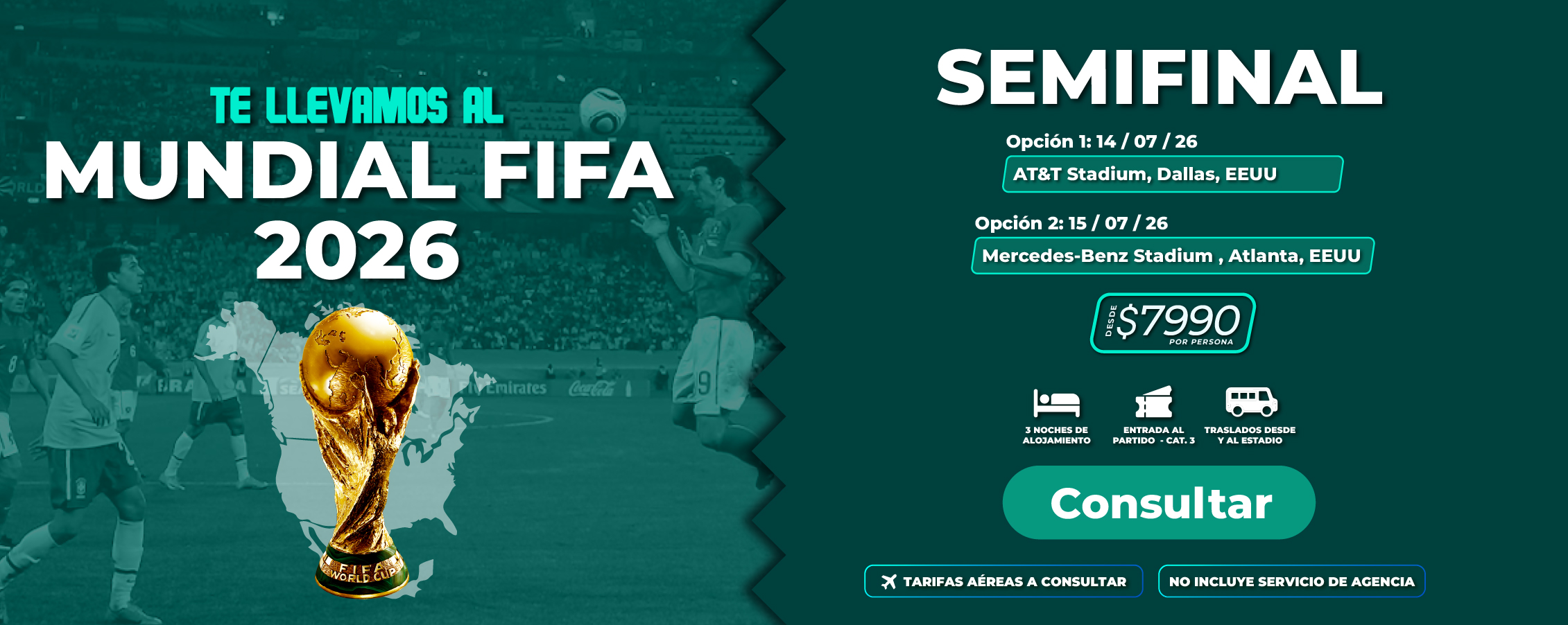 Banner promocional de Molina Viajes ofreciendo paquetes de viaje a la semifinal del Mundial 2026 que incluyen boletos, alojamiento y traslados.