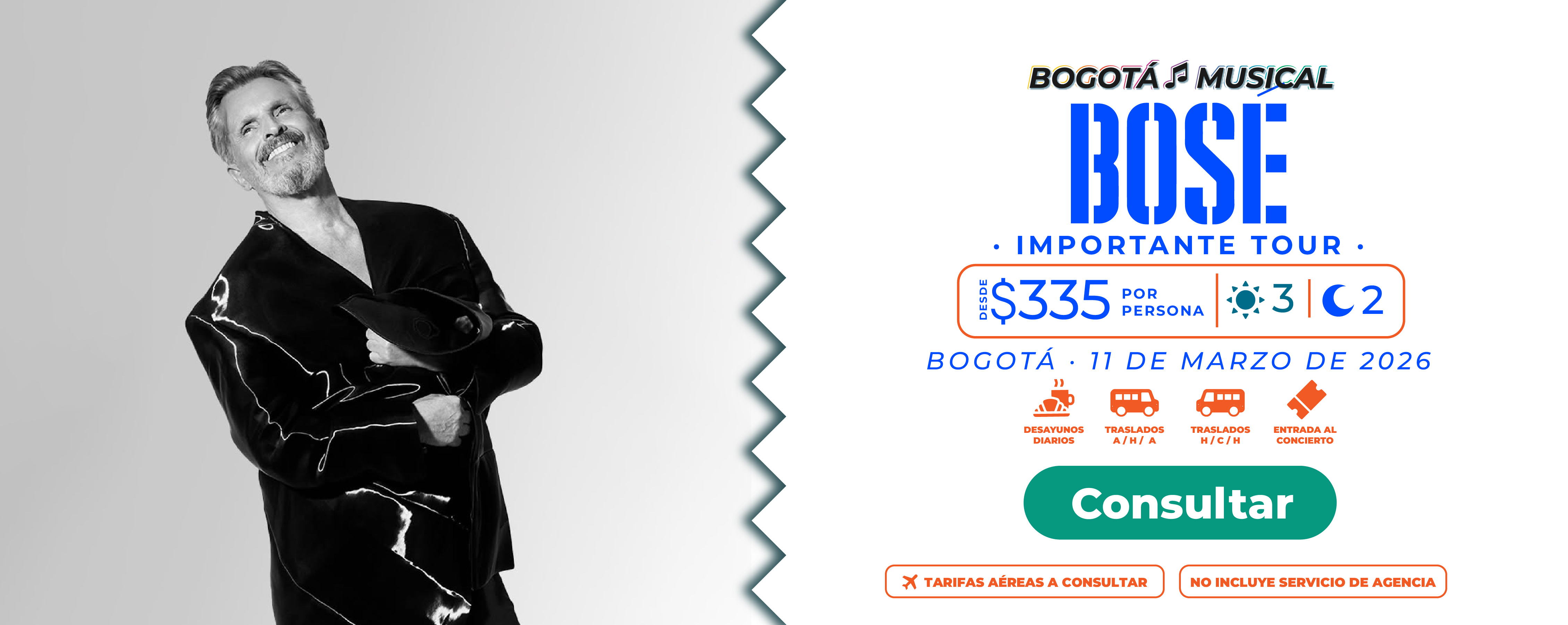 Banner promocional de Molina Viajes para el concierto de Miguel Bosé en Bogotá 2026, incluyendo boletos, hospedaje y traslados personalizados