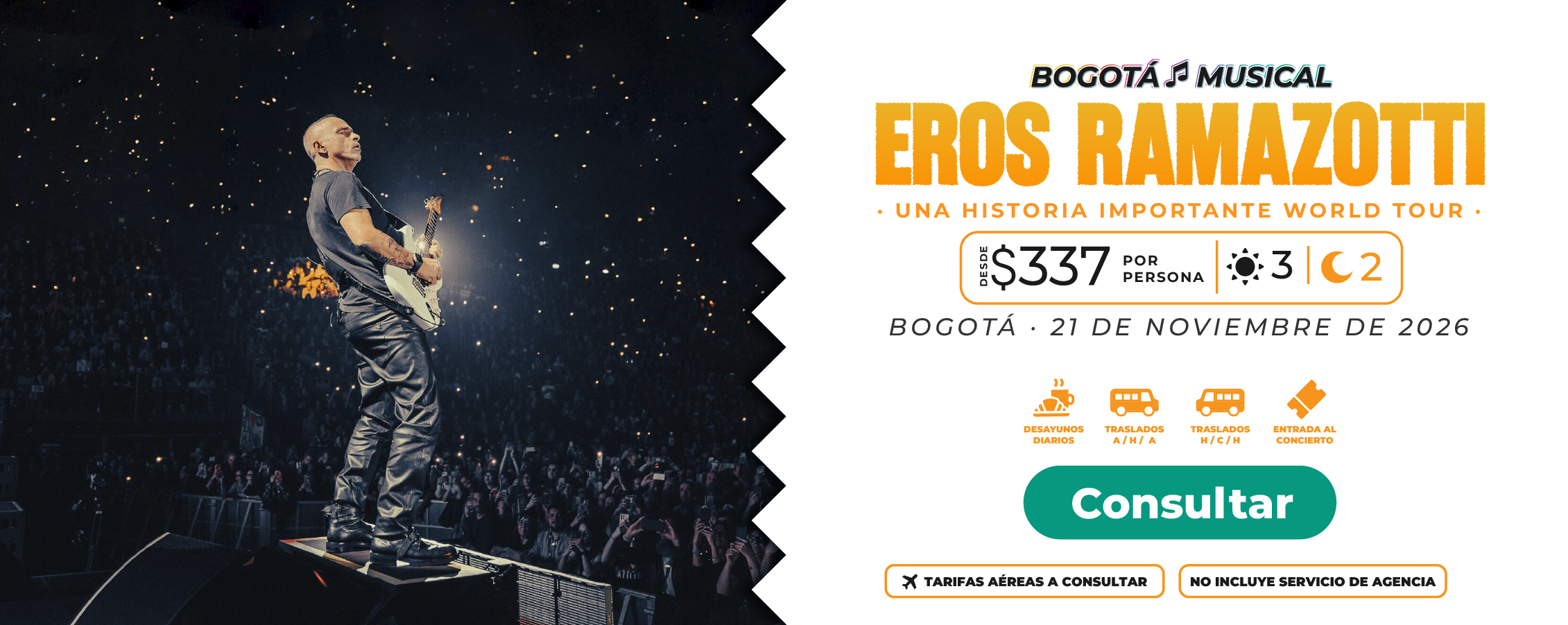 Banner promocional del paquete de viaje a Bogotá para el concierto de Eros Ramazzotti 2026, incluyendo boletos, alojamiento y traslados por Molina Viajes.