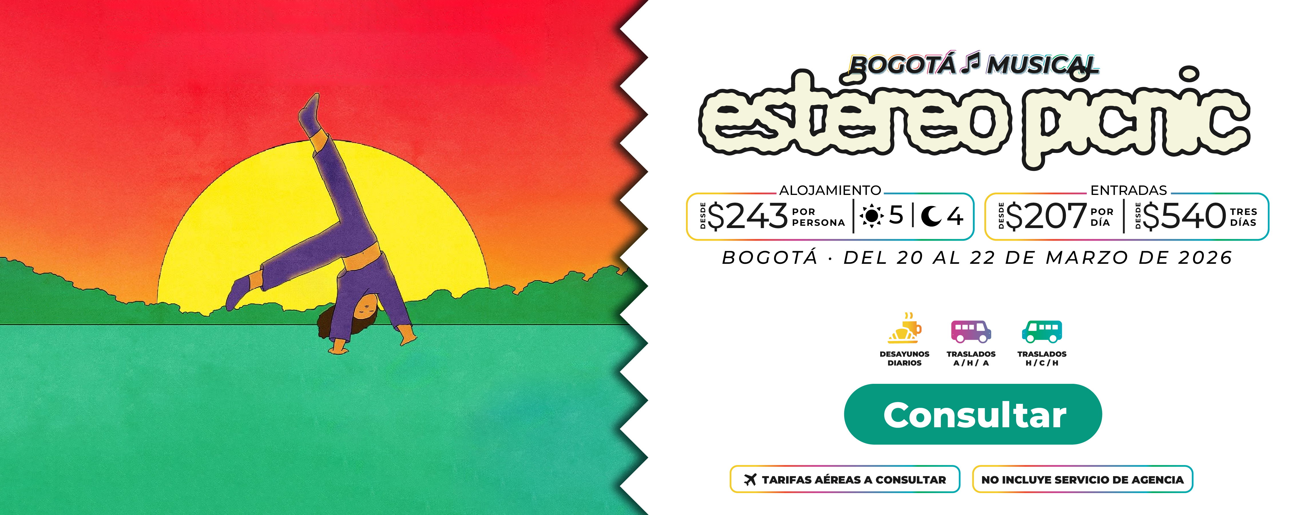 Transporte exclusivo y logística de viaje para asistentes al Estéreo Picnic 2026 en Bogotá, Colombia, por la agencia Molina Viajes