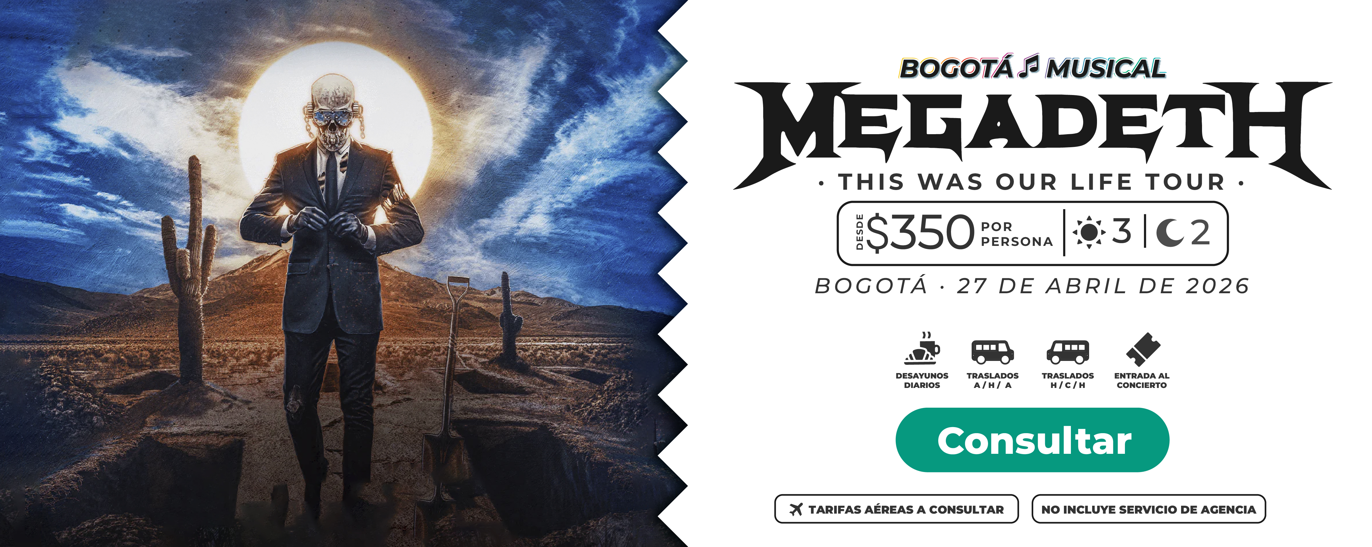 Banner promocional de paquete de viaje que incluye entradas al concierto de Megadeth en Bogotá, alojamiento y traslados, organizado por Molina Viajes.