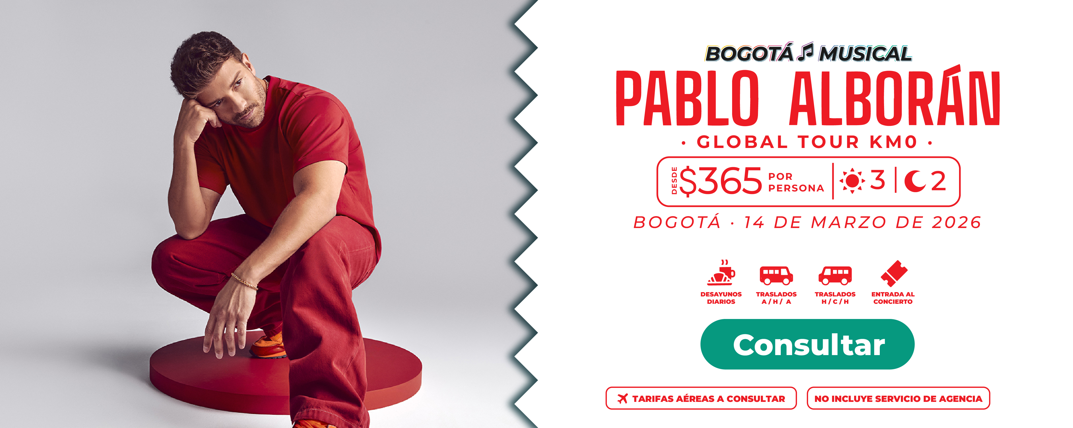 Banner promocional de Molina Viajes para el paquete de viaje al concierto de Pablo Alborán en Bogotá 2026, incluyendo boletos, alojamiento y traslados.