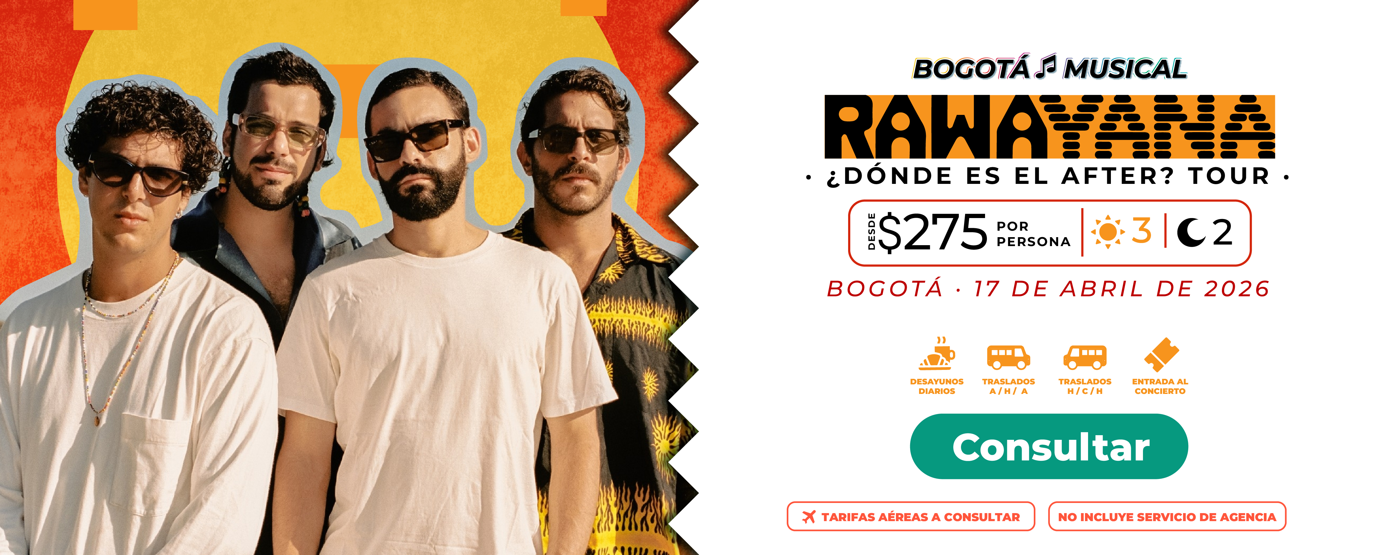 Banner promocional de Molina Viajes para el paquete de viaje a Bogotá 2026, incluyendo entradas para el concierto de Rawayana y alojamiento