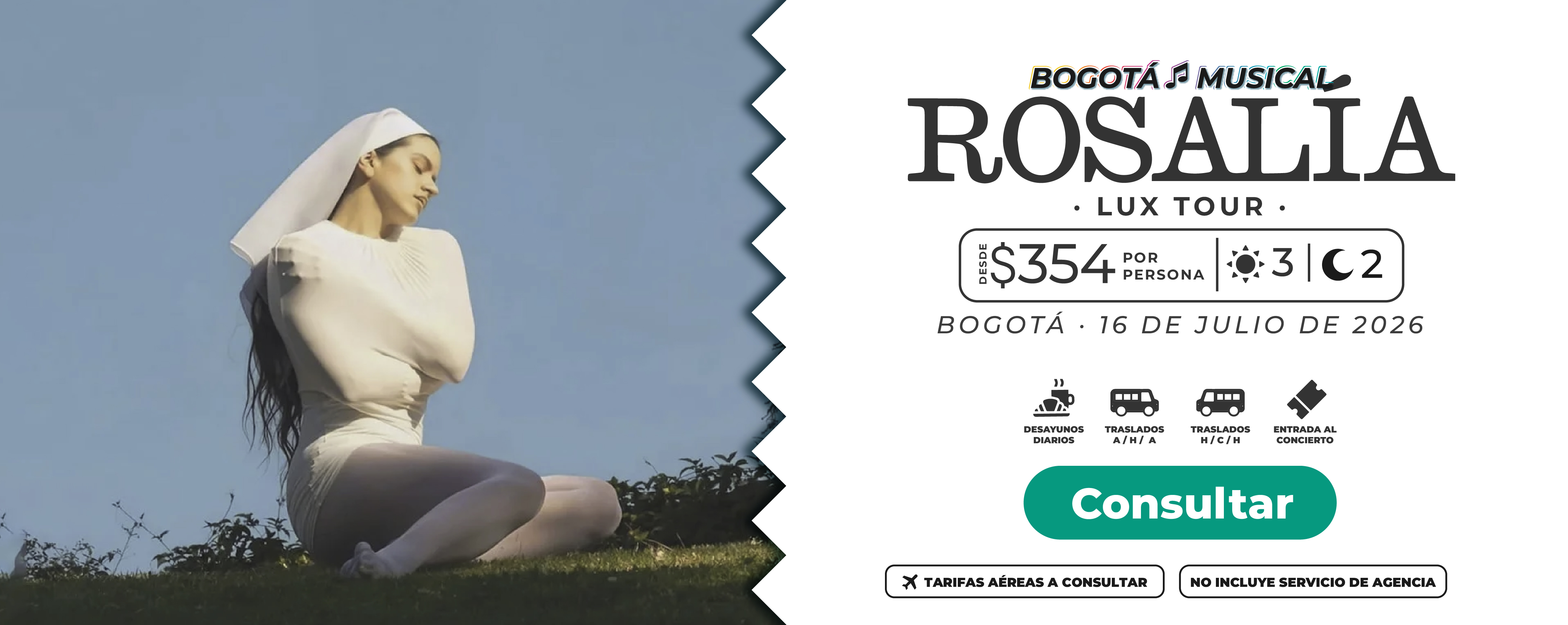 Entrada al concierto de Rosalia en Bogotá 2026 en paquete de viaje exclusivo con traslados y guía, operado por Molina Viajes.