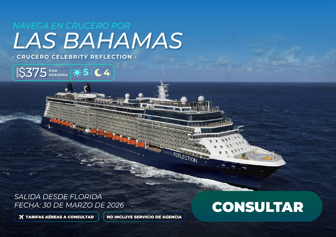 Vista desde la cubierta de un crucero de lujo navegando por las aguas turquesas de las Bahamas, una experiencia exclusiva de Molina Viajes.