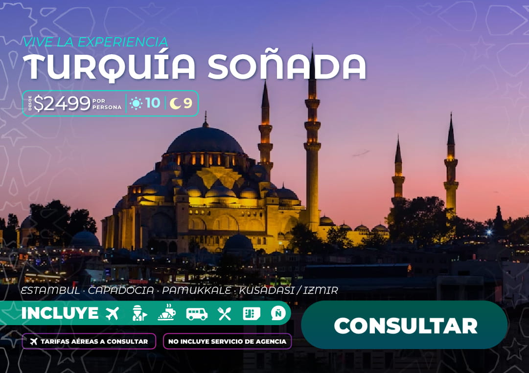 Banner publicitario de Molina Viajes con promoción de viaje a Turquía que incluye boletos aéreos, alojamiento y tours por las principales ciudades turcas como Capadocia, Pamukkale e Izmir