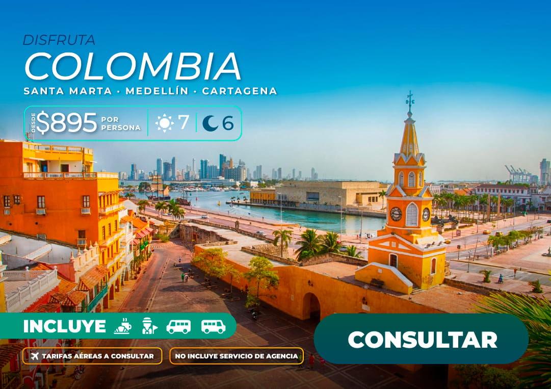Banner promocional de Molina Viajes mostrando los principales destinos turísticos de Colombia para City Tours guiados en Santa Marta, Medellín y el centro histórico de Cartagena.
