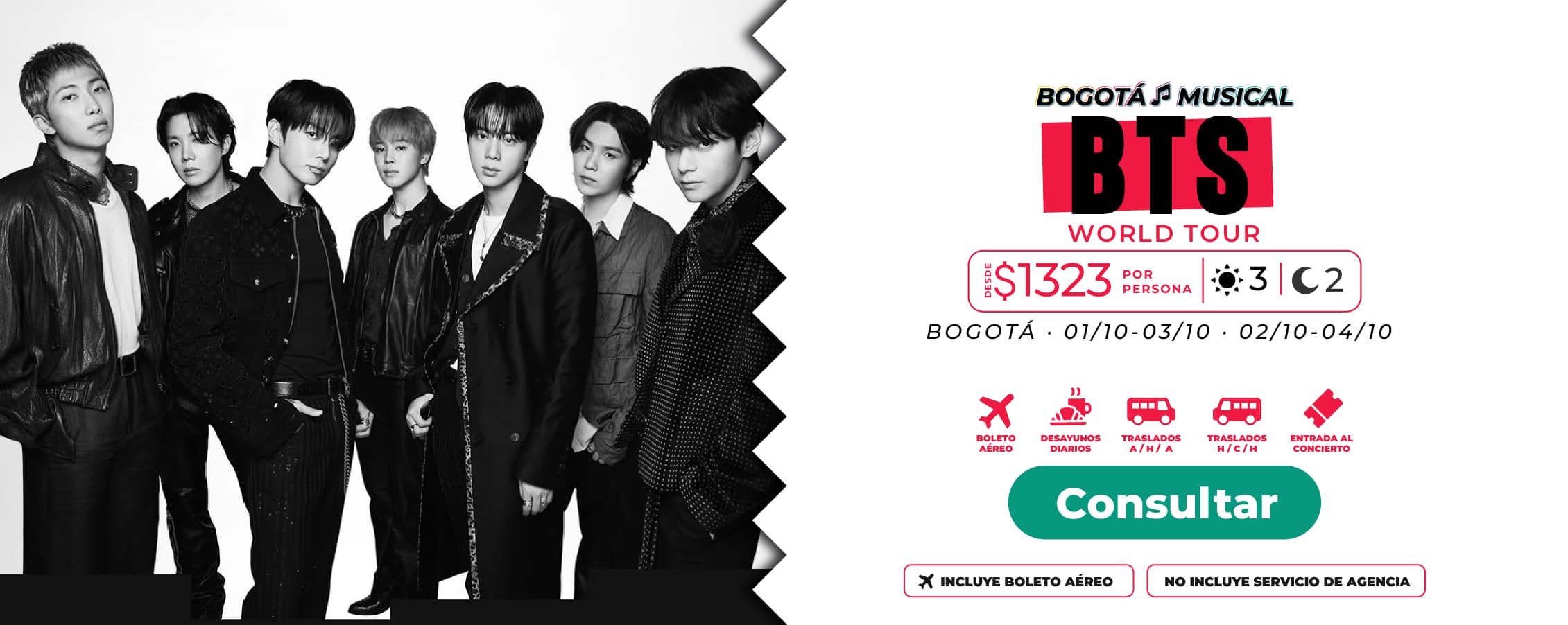 Banner promocional de Molina Viajes con paquetes de viaje para el concierto de BTS en Bogotá, octubre 2026, incluyendo hotel, traslados al estadio y asistencia al viajero.