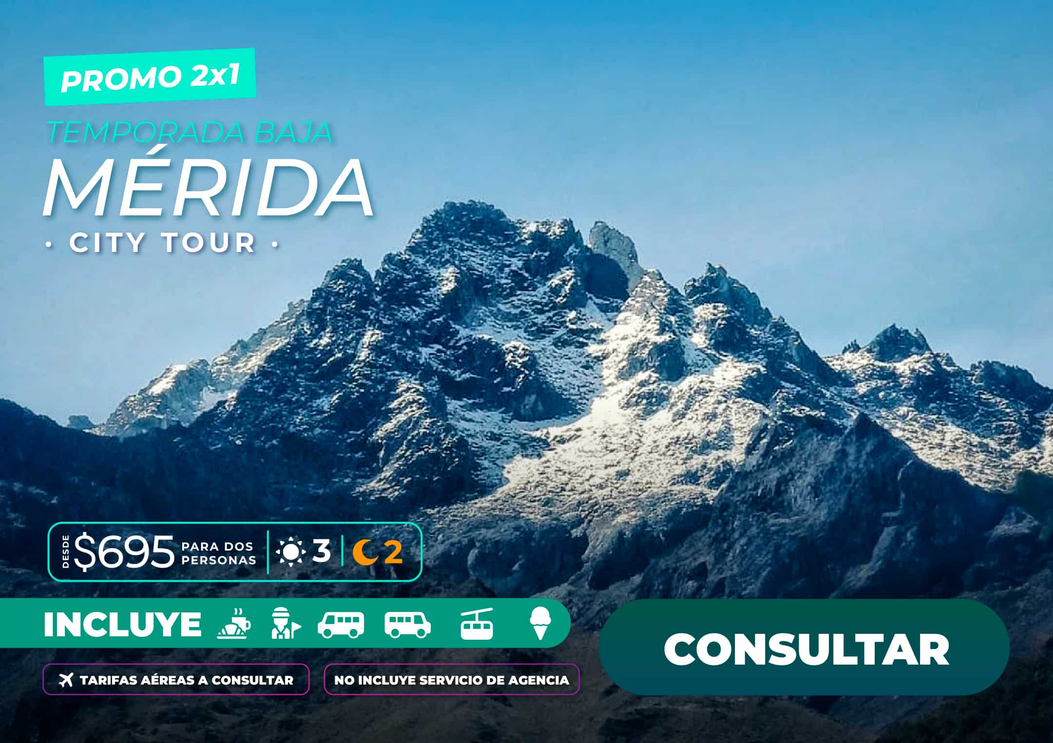 Paisaje montañoso de la Sierra Nevada de Mérida con vista al teleférico, promocionando paquetes turísticos de Molina Viajes para vacaciones en los Andes venezolanos.